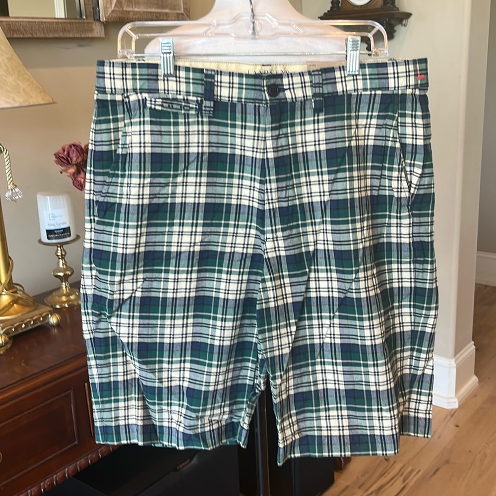 Lands End Canvas Plaid Shorts Mens 34 Navy Green New Straight Fit